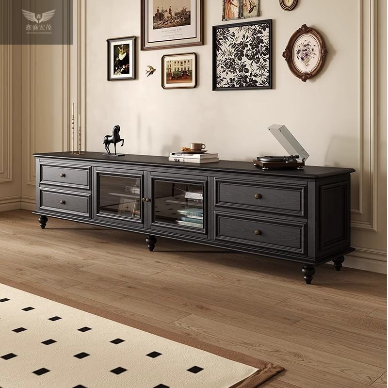 Retro estilo medieval color nuez lujo ligero piso al suelo gabinete de televisión Logan estilo americano gabinete de televisión de madera sólida 24 años nuevo modelo de alta calidad image 4