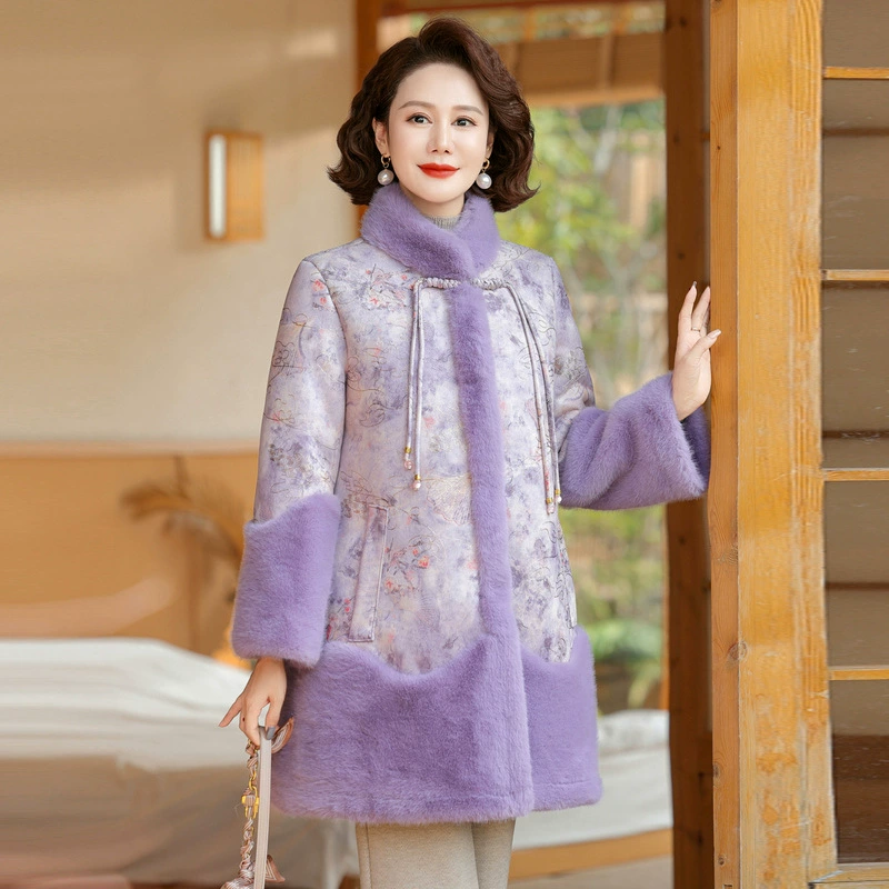 Средние и пожилые мамы в норковой шерстяной куртке женский 2024 новый осенний и зимний толстый теплый воротник