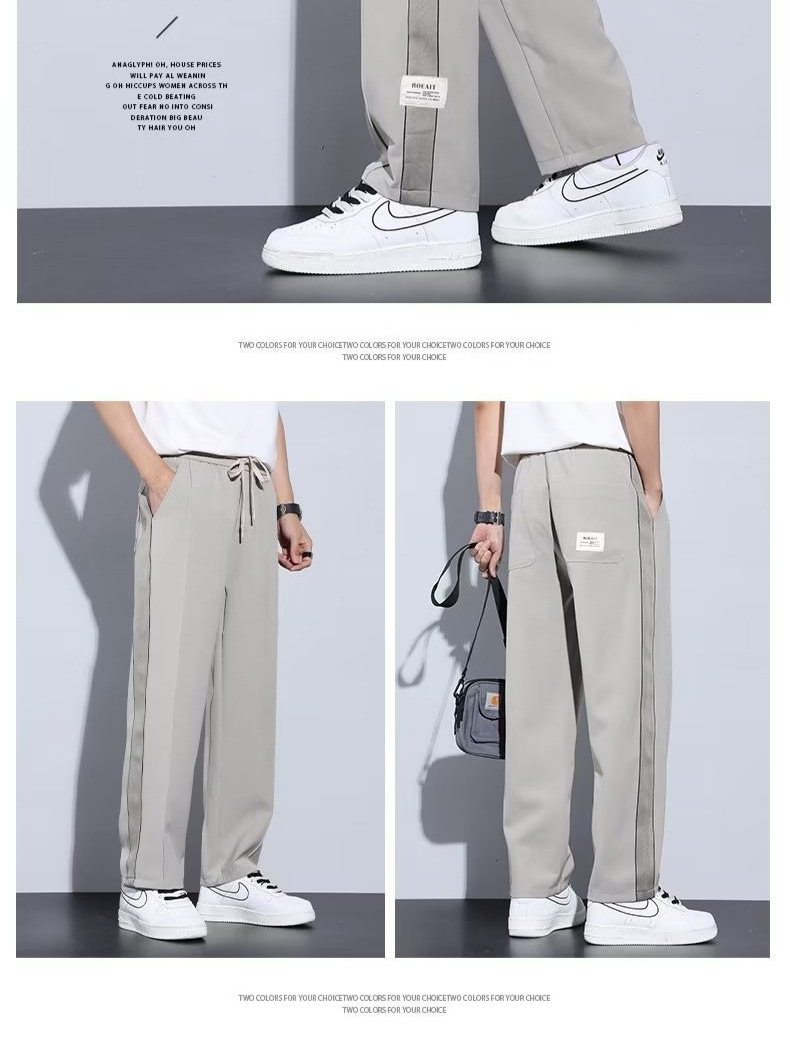 Pantalón casual de color sólido recto de verano drapeado, pantalones para hombre, más grasa, talla grande, pantalones largos de seda de hielo delgados de moda coreana