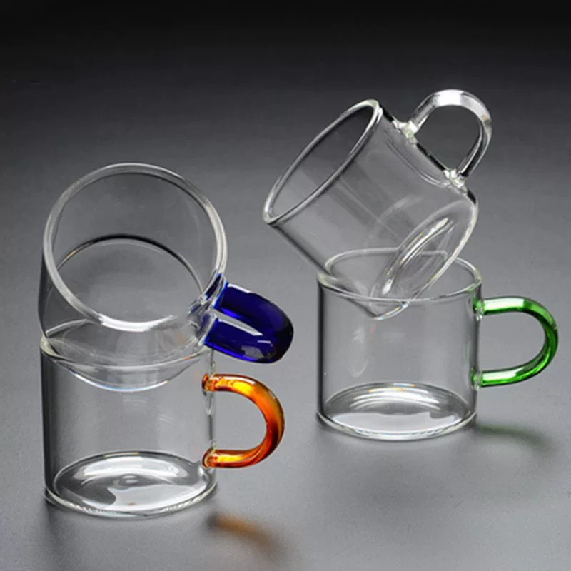 Transparent Glass Tea Cup, 100 ml, Colored Handle Options (single or 6‑pack)
