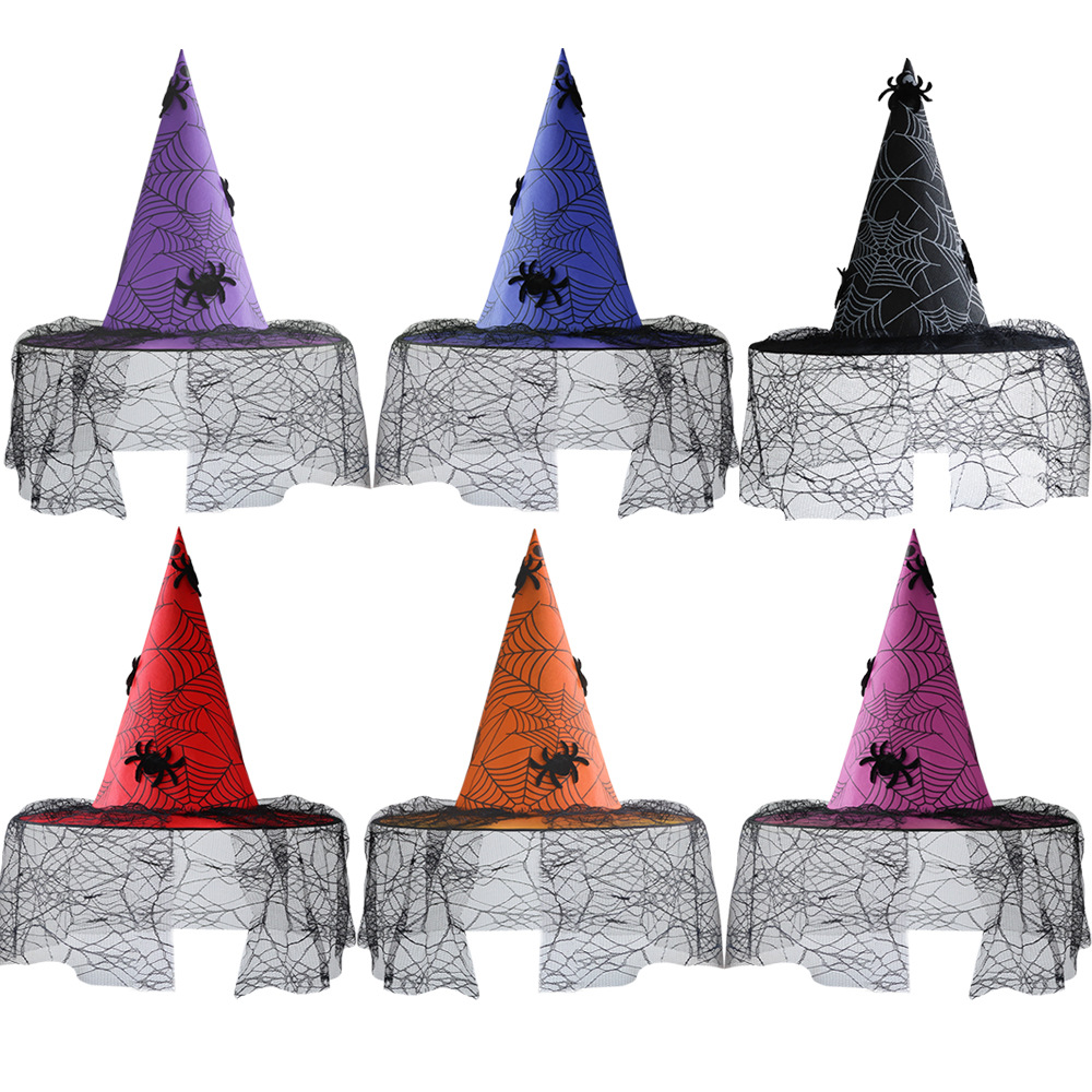 Sombrero de bruja de Halloween, maquillaje, disfraces, accesorios, baile de cosplay, sombrero de bruja, malla, araña pegajosa, sombrero de mago