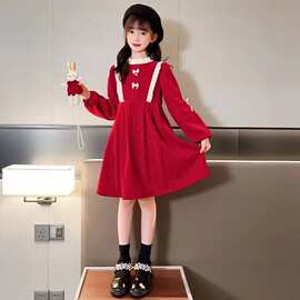 女童蝴蝶结连衣裙冬季洋气儿童红色新年衣服小女孩韩版时髦公主裙
