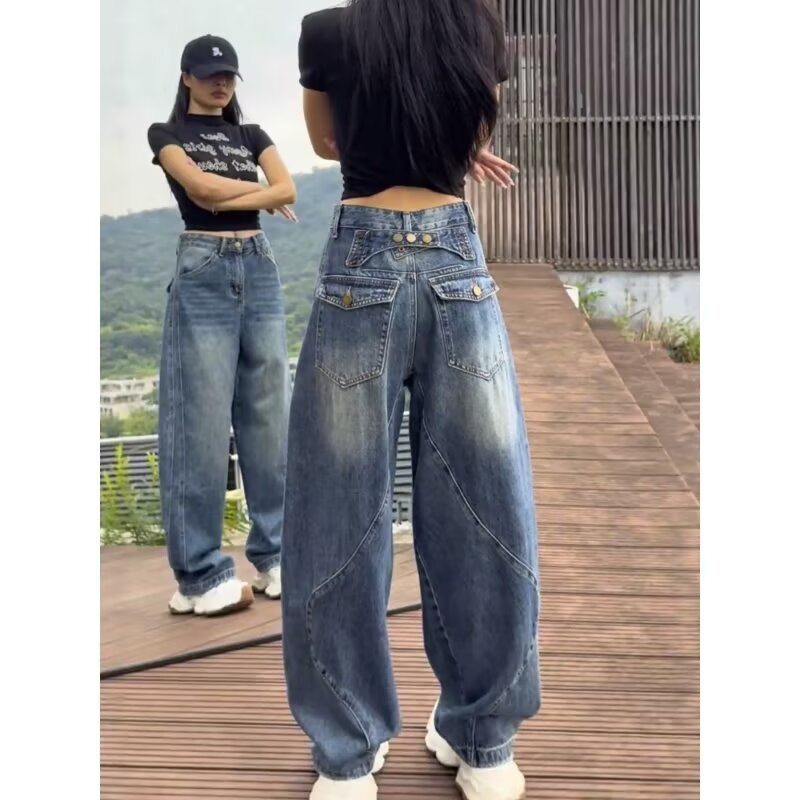 Pear-Shaped Figure Wide-Leg Jeans for Women, Autumn New Curved Knife Pants, Plus-Size Retro Baguette Banana Pants, Slimming Long Pants