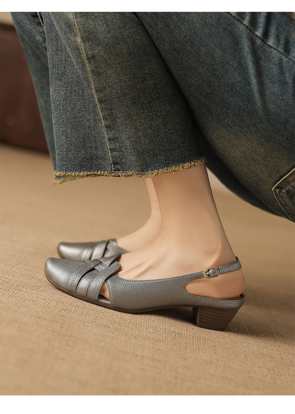 Sandal nữ mũi nhọn quai dệt gót thô 3.5 cm da cừu — Champagne màu chi tiết 11