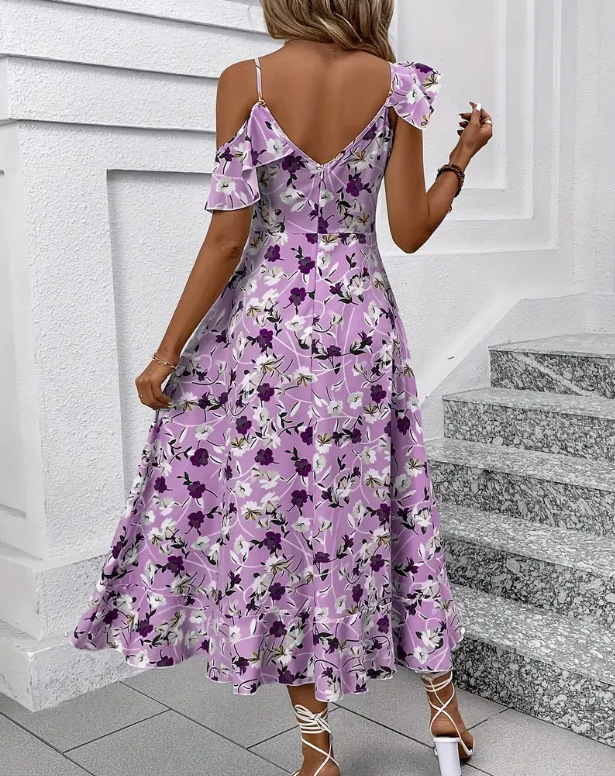 Women's Clothing Floral Print Sundress Irregular Slit Slim Waist Vacation Style Long Dress Fairy Beach Photos Dress For Women_ecoleips.com