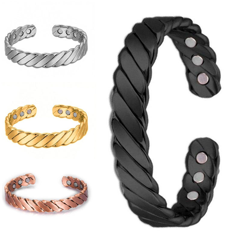 Pulseras magnéticas para parejas, ecológicas, de aleación, populares, a la moda, abiertas, con cinco colores opcionales y diseño a rayas.