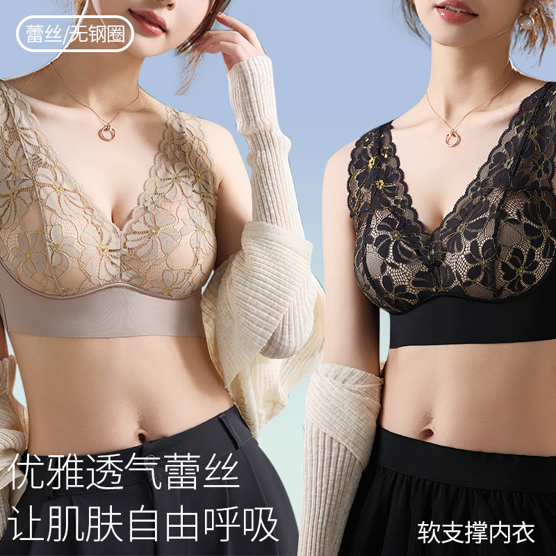 Ropa interior de encaje de primavera y verano para mujeres cómodas y sin costuras, posavasos fijos, top de tubo sin anillo de acero, sujetador de espalda