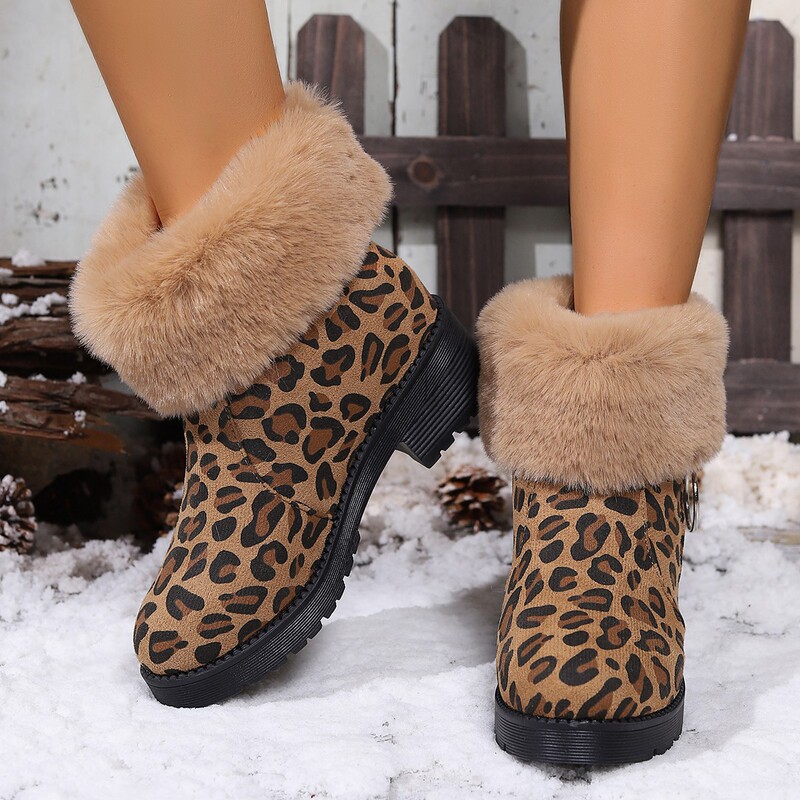 Furry Foreign Trade Snow Boots with Plush Leopard Print Cotton Boots, Winter and Year-Round Casual Mid-Calf Boots with Mid-Heel Boots
