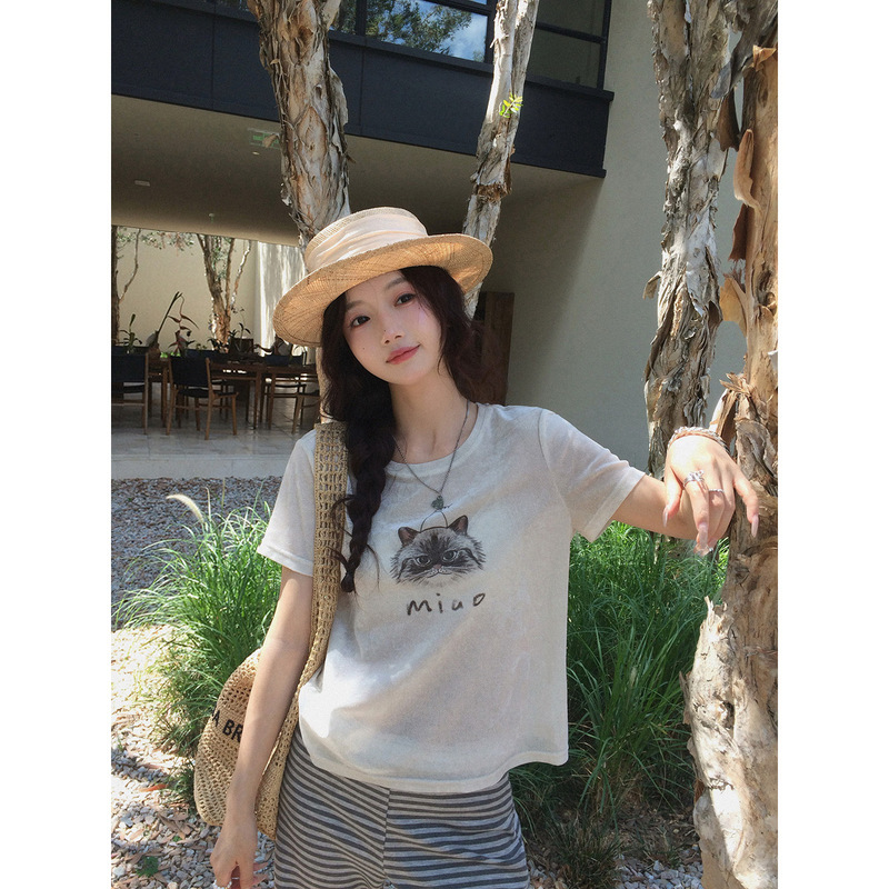Zhang Beibei Ibell Flocked Blend Hand-Painted Soft and Cute Youthful Cat Light-Touch Loose Round Neck Short-Sleeve Tee # 4931J