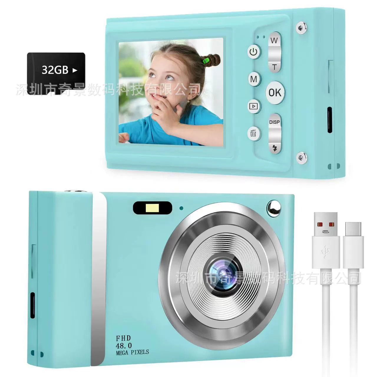 Compact retro digital camera, CCD sensor, 1080p mobile transfer, portable, fuchsia or blue