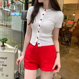 热销中小香风钮扣短袖针织开衫女2025年新款女装韩版麻花短上衣女
