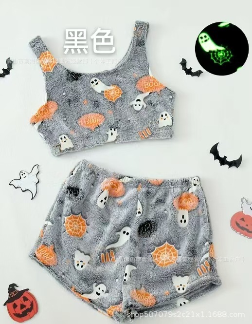 外国貿易ハロウィーン夜光フランネルパジャマ女性秋冬ベルベット保温レジャー家庭セット落書き発光ズボン|undefined