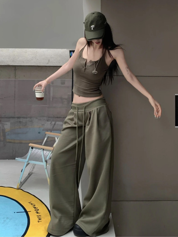 2025新款灰绿色卫裤女年夏季hiphop工装阔腿休闲裤直筒宽松美式运|undefined