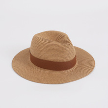 卡其色平檐编织草帽女款时尚夏季复古遮阳防晒海边沙滩西部牛仔帽