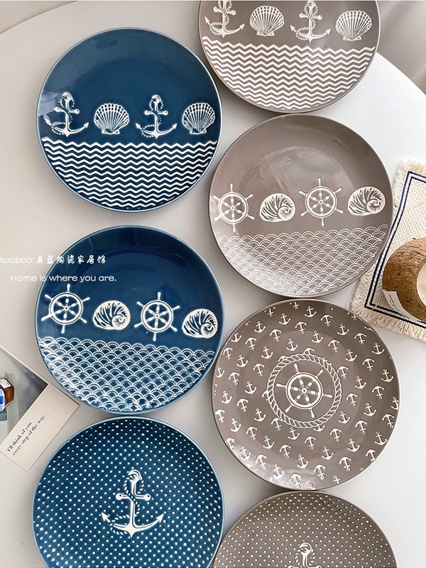 【Nautical Diary Series Handmade Plates】Ins Japanese-Style Retro Western-Style Plates Restaurant Decorative Plates Dishes with Defects