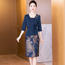 2025秋季新款拼接碎花优雅时尚宴会连衣裙修身显瘦中长款妈妈装