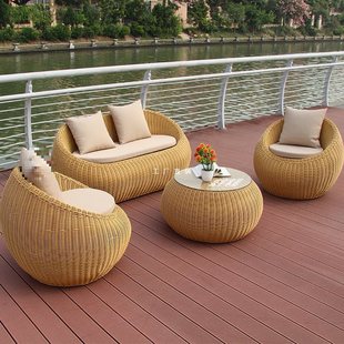 Outdoor Rattan Sofa Three-piece Courtyard Balcony Rattan Chair Coffee Table Combination Villa Homestay Outdoor Round Rattan Rattan Furniture