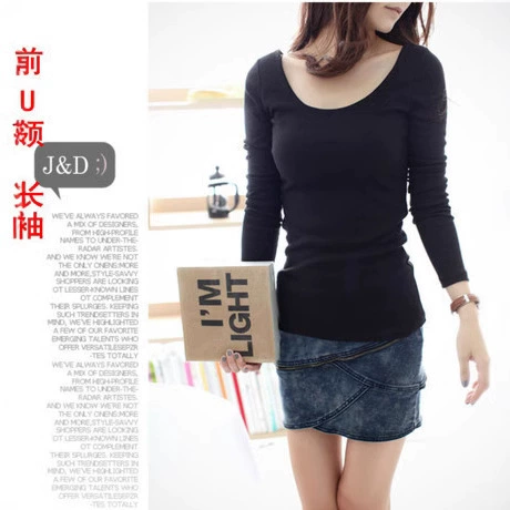 Ультратонкая облегающая женская футболка, Осеннее нижнее белье с длинными рукавами, топ со сверхнизким вырезом, облегающая Модальная передняя часть с U-образным вырезом, большой круглый вырез