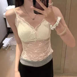 BM风 蕾丝V领网纱镂空带胸垫抹胸吊带女修身美背打底上衣纯欲背心