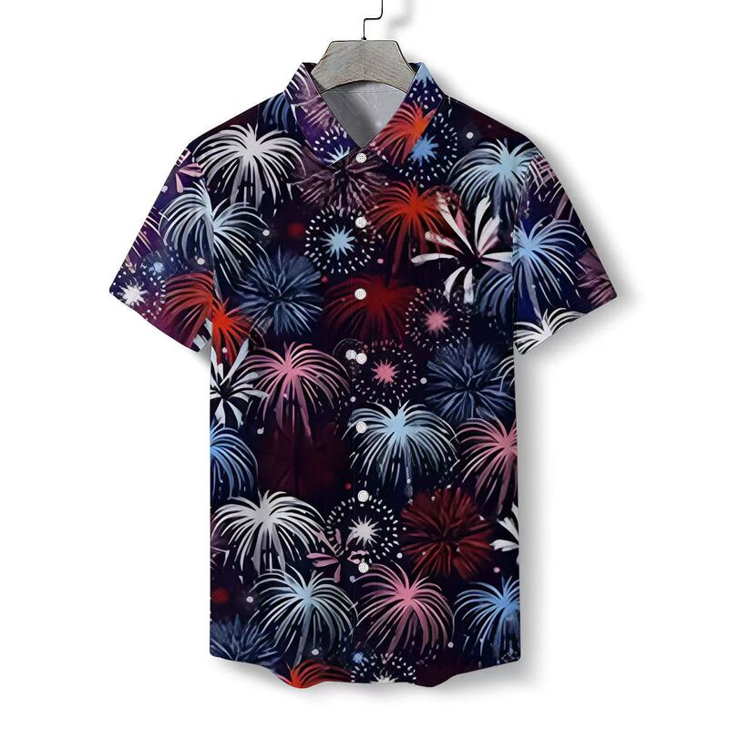2025 New Year Men's Colorful Colorful Fireworks 3D Printed Lapel Short Sleeve Shirt Street New Year Trendy Cardigan 2025 New Year Men's Colorful Colorful Fireworks 3D Printed Lapel Short Sleeve Shirt Street New Year Trendy Cardigan