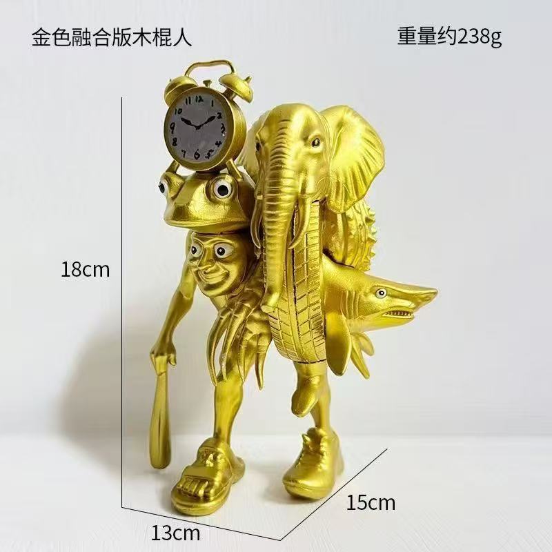 ゴールドバージョンのステッチモンスターウッドスティックマンコンビネーションアセンブリ象タイヤすべて面白いデスクトップ装飾品人形モデル|undefined