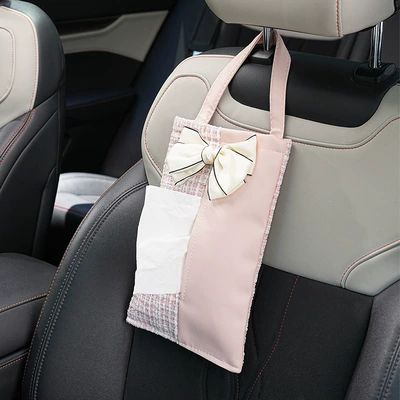 Car Tissue Storage Box, Car tissue box/set - plush-chanel-style-hanging-tissue-pink-paste-rice-bow
