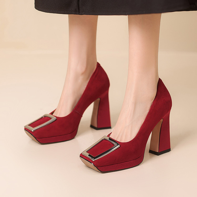 Sheepskin Women's Single-layer Shoes Comfortable Red Shoes 2025 Spring and Autumn New Waterproof Platform Thick Heel Elegant Square Head High Heels