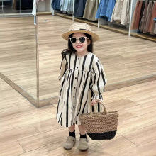 2024春装女童气质风黑白竖条纹宽松衬裙女宝宝泡泡袖系扣连衣裙