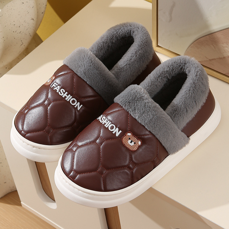 3.5CM厚底、ヒール付き、綿入りスリッパ、女性用、25新作、PUレザー、防水、秋冬、産後、屋外でも履ける、男性用、毛皮スリッパ|undefined