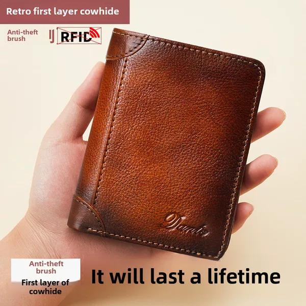 Cross-Border Wallet Men's Genuine Leather Rfid Anti-Theft Vertical Style 70% off Retro First Layer Cowhide Wallet Export Wholesale