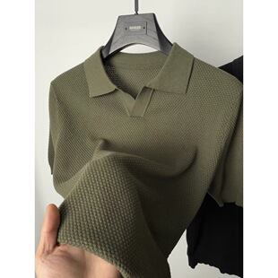 Men's Ice Silk Short Sleeve T-Shirt Summer Thin Solid Color Knitted Half Sleeve Casual Casual with V-Neck Polo Shirt