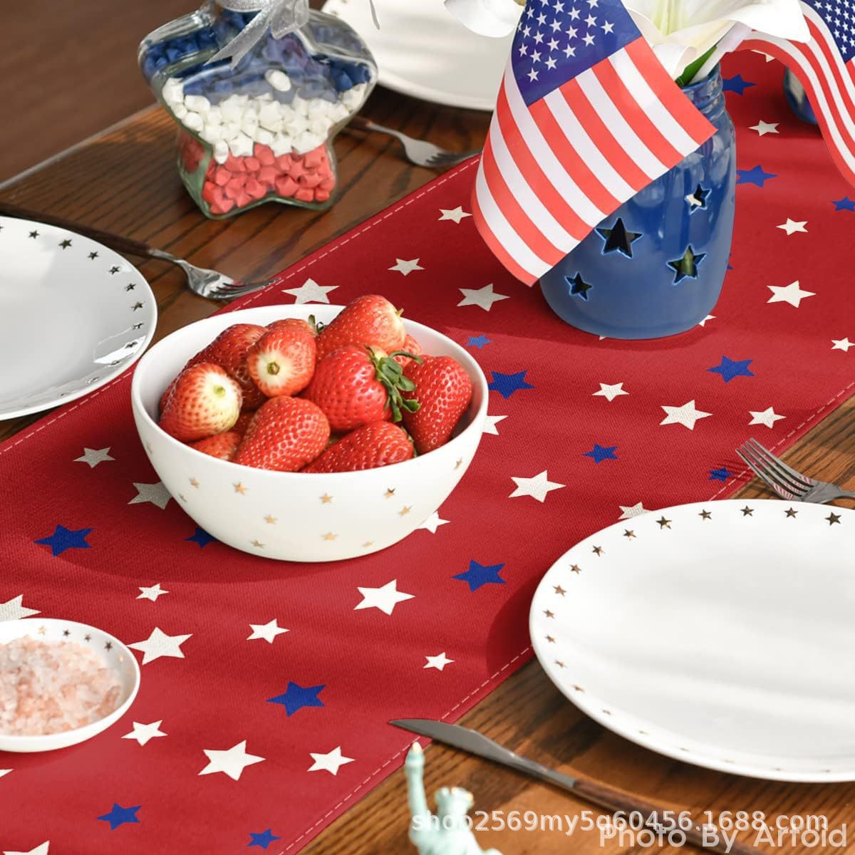 Transfronterizo 2024 nuevo día de la independencia de los Estados Unidos lino bandera de mesa bandera estrella y rayas tela de mesa de comedor cama de té tela de mesa image 5