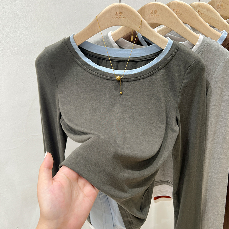 Fake Two-piece Shoulder T-shirt Women's Long-sleeved 2024 New Spring and Autumn Contrast Stitching Short Top Base Shirt Women's Inner Shirt