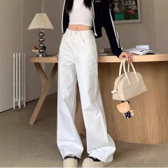 宽松阔腿白色牛仔裤女款秋高腰直筒阔腿裤女垂感裤子女款微胖显瘦