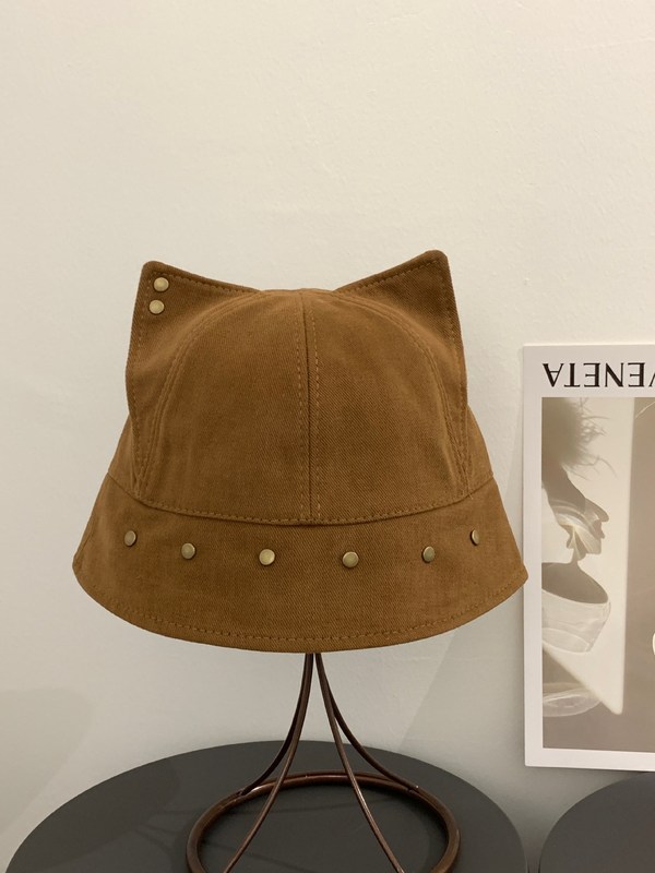 卡通铆钉立体猫耳朵渔夫帽女夏季百搭显脸小盆帽遮阳防晒太阳帽子|undefined