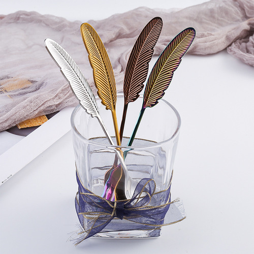 Q Feather Spoon, Gold 304 Stainless Steel Fruit Fork, Artistic Small Spoon Serving Spatula Creative Tableware Colorful Down Spoon