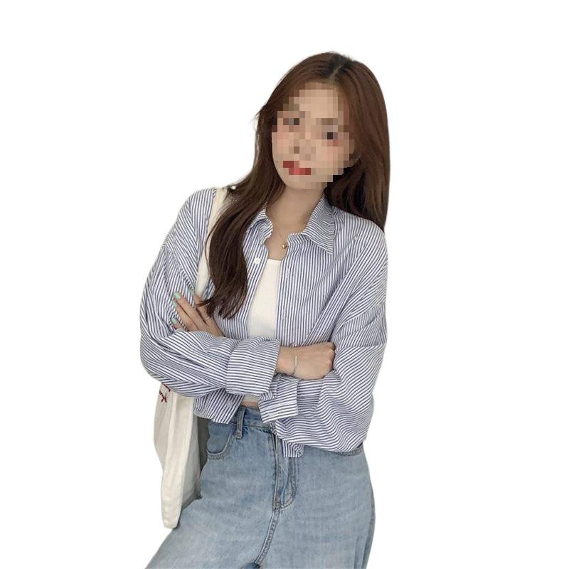 韩版高腰上衣女竖条纹短款刺绣衬衫慵懒风计感长袖防晒衬衣外套潮|undefined