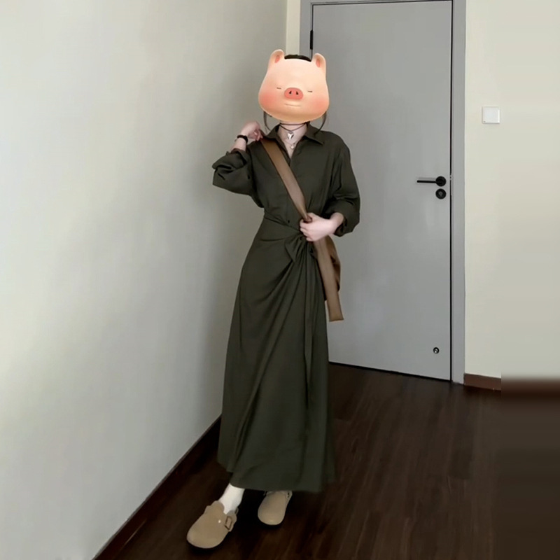 法式高级感气质长袖衬衫连衣裙子女早春季2025新款收腰绑带长裙|undefined