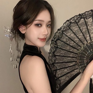 Lace Folding Fan Dark Loli Gothic Style Lolita Japanese Style Online Video Biting Fan to Cover Face Contrast Cross-Dressing