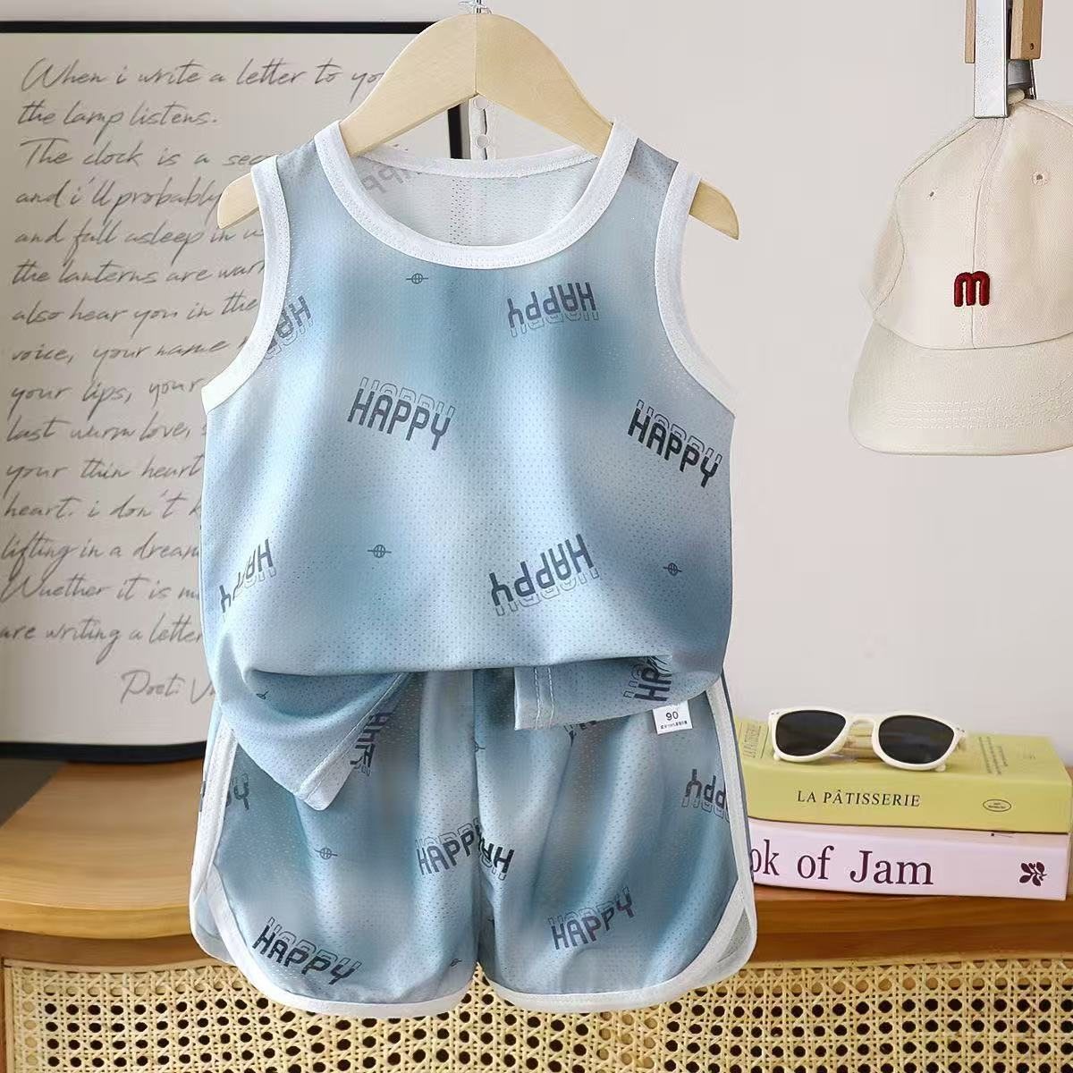 Children's vest set, thin ice silk shorts, breathable two-piece set, sleeveless, summer boys' and girls' loungewear