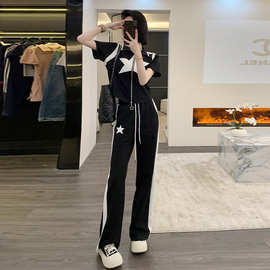 欧货时尚运动套装女夏2023新款韩版设计感短袖开衫阔腿长裤两件套