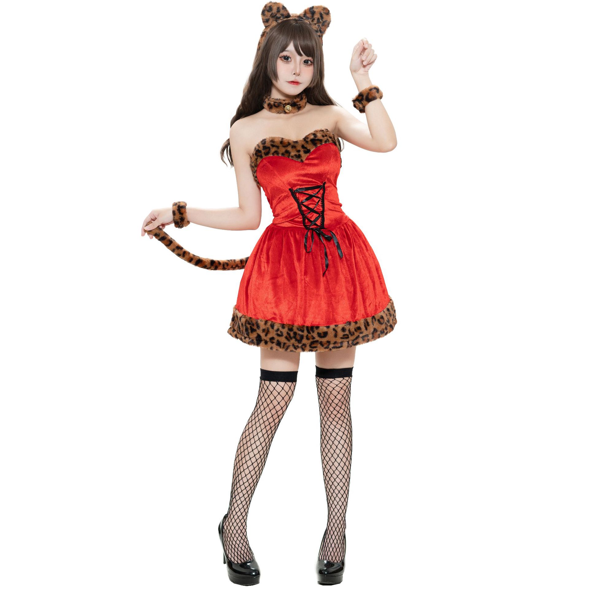 thumbnail image 1 of Disfraces de Halloween 2024 M-XL Vestido de Navidad sexy con estampado de leopardo Disfraz de fiesta de Navidad Pecho envuelto Uniforme COS Ropa de Navidad para niñas, 1 of 4