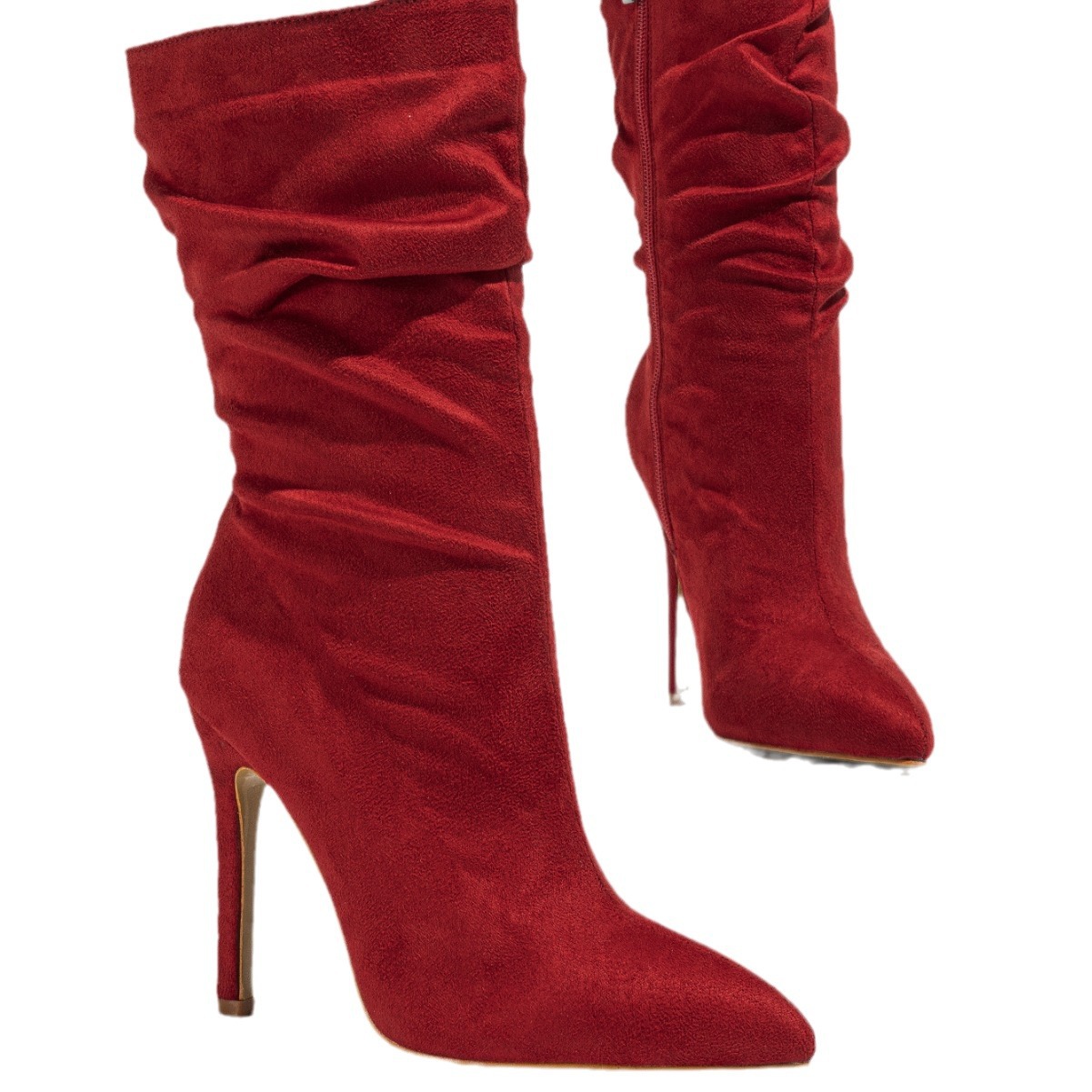 2024 Europe and America Mid length Boots, Slender Heels, Folded Women's Boots, Pile Up Boots, Suede Pointed High Heels, Women's Shoes