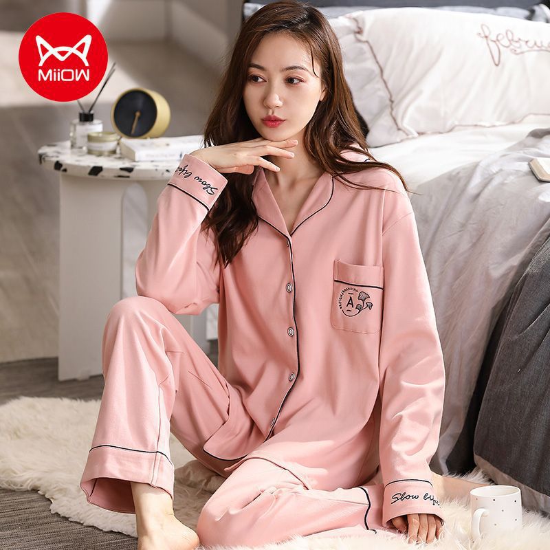 100% algodón primavera y otoño pijamas de manga larga Chaqueta de punto de las mujeres más el tamaño suelto otoño algodón ropa de casa traje