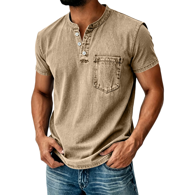 Cross-Border American-Style Men's Solid Color Short-Sleeve Heavyweight Pure Cotton T-Shirt, Vintage Washed Half-Button Casual T-Shirt Wholesale Cross-Border American-Style Men's Solid Color Short-Sleeve Heavyweight Pure Cotton T-Shirt, Vintage Washed Half-Button Casual T-Shirt Wholesale