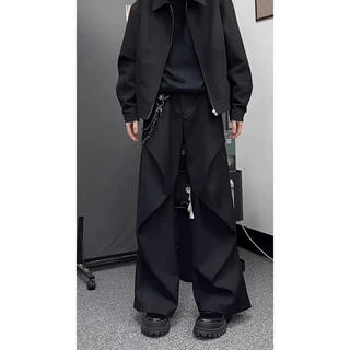 黑色弯刀微喇西裤垂感高级感褶皱伞兵工装裤子男款夏季阔腿休闲裤