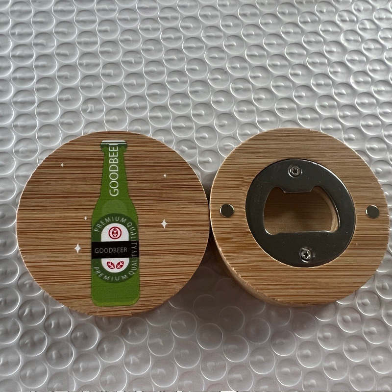Abridor de botellas de bambú redondo etiqueta magnética refrigerador abridor de botellas de cerveza de acero inoxidable impresión en color varios personalidad gráfica image 3
