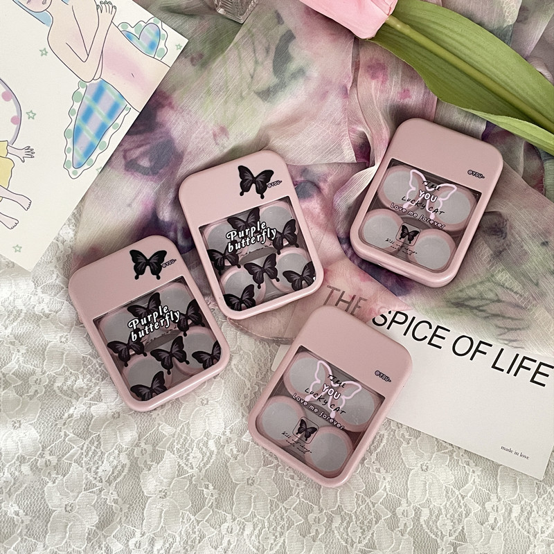 Beauty pupil box sweet cool butterfly contact lens box with mirror beauty pupil box double couple box two pack as676