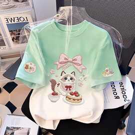 新款女童纯棉短袖T恤夏季中大童女孩渐变扎染印花半袖儿童上衣t恤