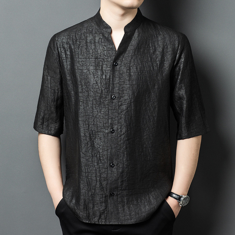 Crackle-Patterned Men's Short-Sleeve Stand-Collar Shirt, Xiangyun Silk, 100% Mulberry Silk, Summer New Chinese-Style Silk V-Neck, Yangsha Silk Crackle-Patterned Men's Short-Sleeve Stand-Collar Shirt, Xiangyun Silk, 100% Mulberry Silk, Summer New Chinese-Style Silk V-Neck, Yangsha Silk
